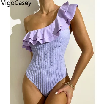 VigoCasey 2023 Roxo de Um Ombro Swimwear das Mulheres Sexy Plissado Empurre-a para CIMA de Um Maiô de Peça Monokini Alta Corte Praia de maiô