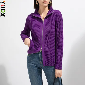 YUDX Miyake Plissado Mulheres Plus Size do Casaquinho de Malha de Moda Versátil Moda Zíper Seção Jaqueta Superior 2024 Início da Primavera Novo